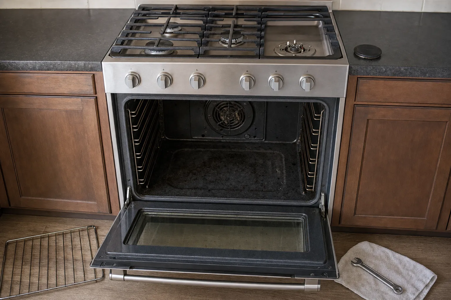Stainless gas range with the oven door lowered, the convection fan visible inside and a rack out on the floor