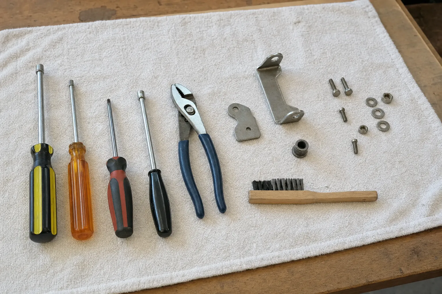 Screwdrivers, pliers and a wire brush on a service towel beside removed brackets, screws, nuts and washers