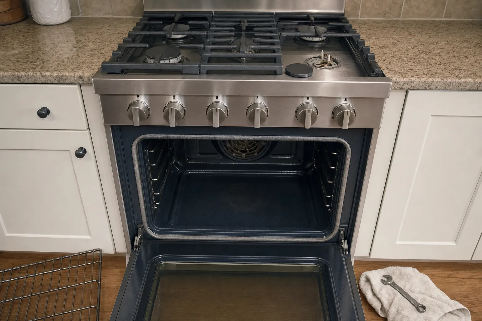 Stainless gas range head on, oven door lowered and the convection fan cover at the back of the empty cavity