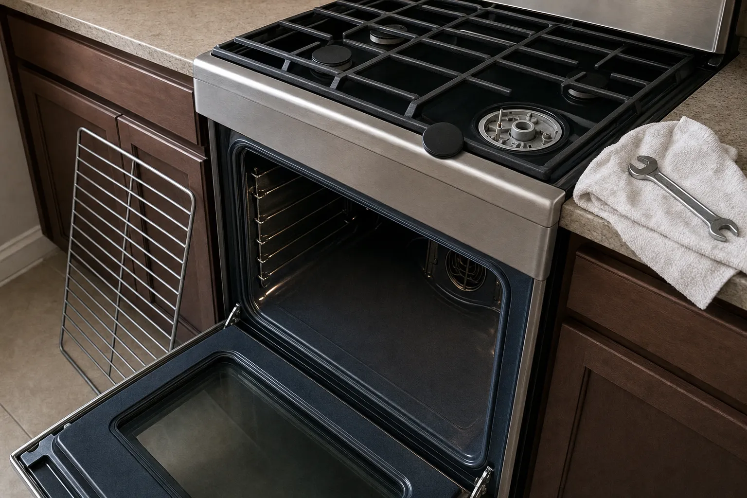 Stainless gas range from the side, oven door open with the fan cover inside and one burner cap lifted off