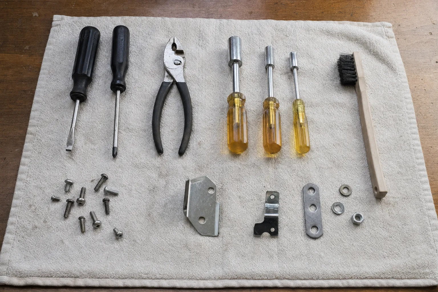 Screwdrivers, nut drivers, pliers and a wire brush in rows on a towel, with removed brackets and fixings below