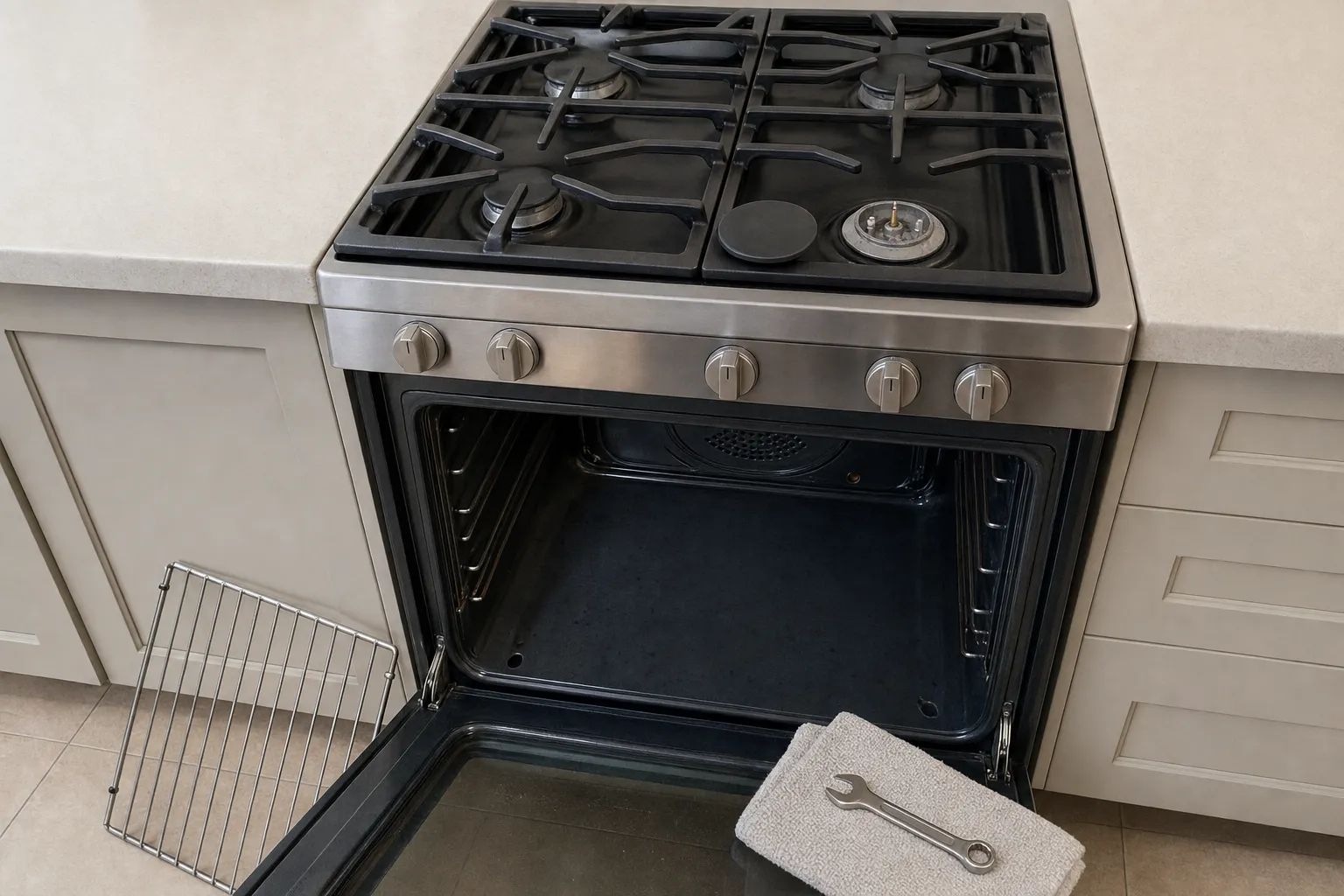 Stainless gas range in pale cabinetry, oven door lowered, a rack on the floor and a wrench on a folded towel