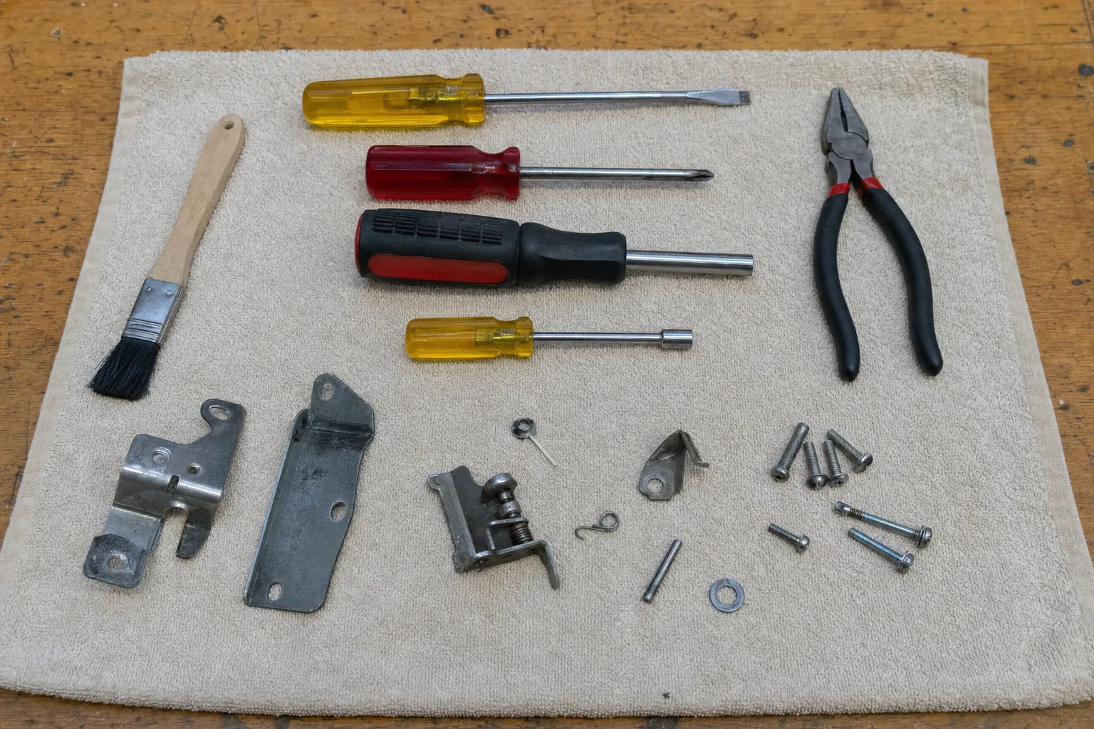 Four drivers, lineman pliers and a small brush on a beige towel with two bent brackets, a small sprung bracket, a pin, a spring clip and machine screws