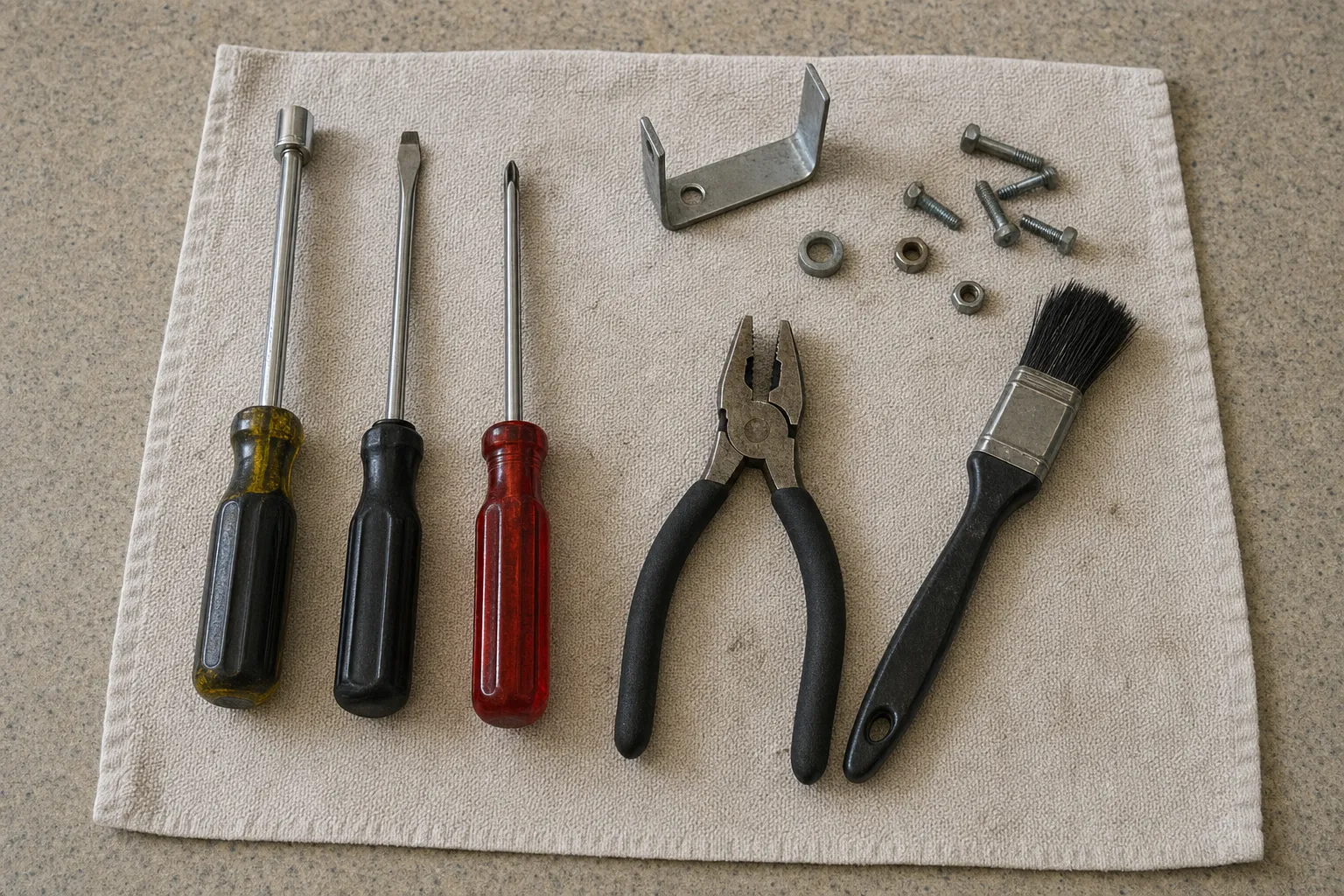 Nut driver, two screwdrivers, black pliers and a paintbrush on a towel over stone, beside a U-shaped bracket, bolts, nuts and a washer
