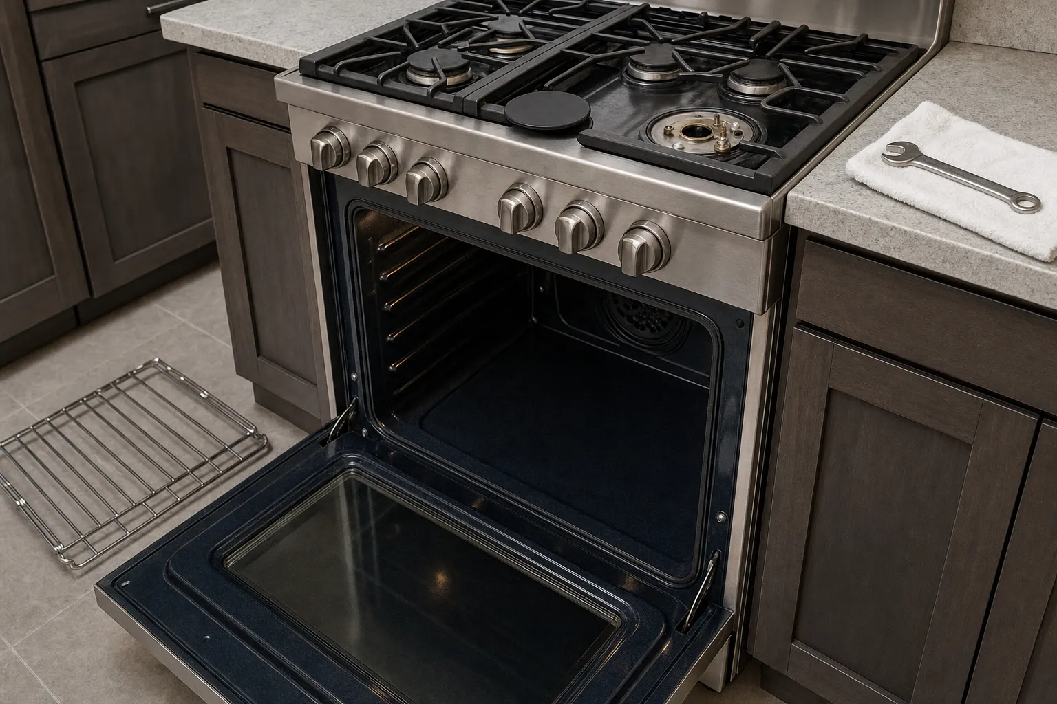 Stainless gas range in grey-brown cabinetry, one burner cap off to show the brass fitting beneath, oven door down and a rack on the floor tiles